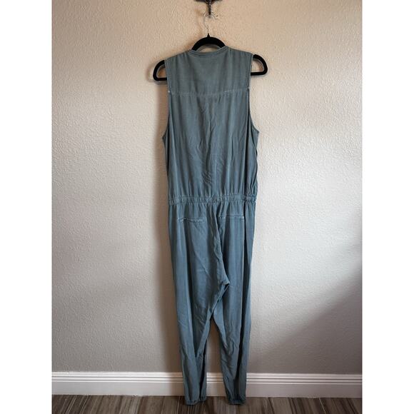 Splendid Chambray Jumpsuit L Medium green Indigo Drawstring Waist Pocket Tapered - Picture 4 of 11